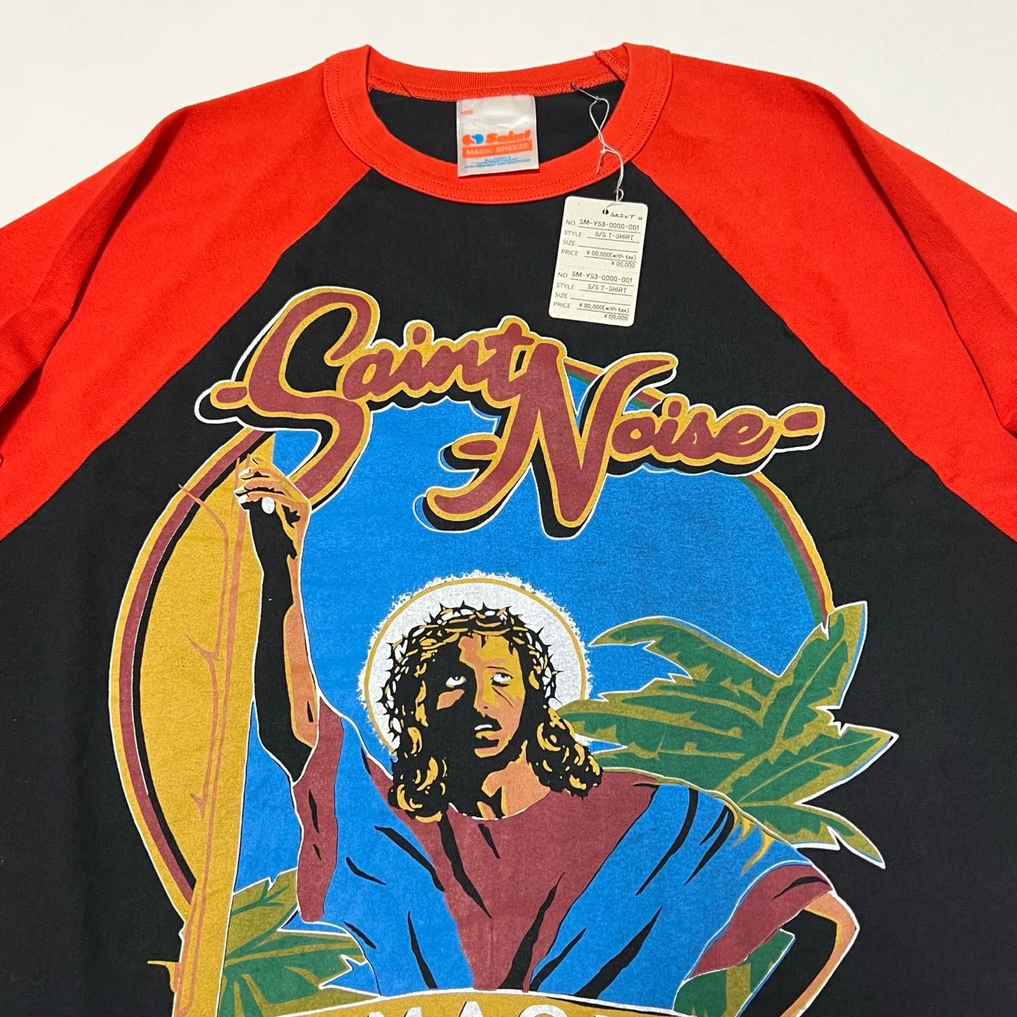 SAINT Mxxxxxx × LASTMAN LM_SS TEE/SNT NOISE/BLK Jesus horn sleeve color block TEE Black and red S-XL LAST MAN co-branded model Customized accessories Completely matched Horn sleeve color block Unlocked design Natural rewinding after washing Unique and handsome Top printing technology Undifferentiated restoration Cylindrical side seam fabric technology Top purchasing level